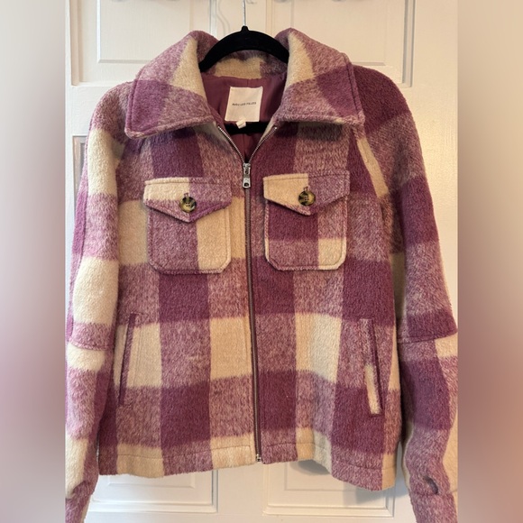 Avec Les Filles Plaid Sherpa Shacket Jacket Burgundy/Pink Cream Size S - Picture 3 of 8